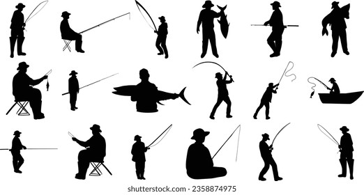 Set of fisherman vector silhouettes, isolated on white background
