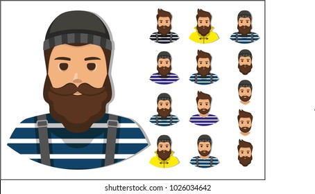 set of fisherman/sailor/ seaman face flat icon - a man with a moustache,  beard and hairstyle wearing in vest/frock, overalls (jumpsuit), raincoat and knit hat. Template for card, poster, banner