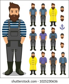 
set of fisherman/sailor/ seaman flat icon - a man with a moustache,  beard and hairstyle wearing in vest/frock, overalls (jumpsuit), boots, raincoat and knit hat. Template for card, poster, banner