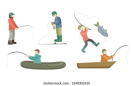 Set of fishermen catch fish with rods and nets. Vector illustration in flat cartoon style.