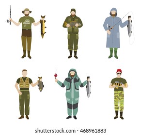 Set of fishermen in different clothes holding fish and rods. Collection of fishers Flat vector illustration.