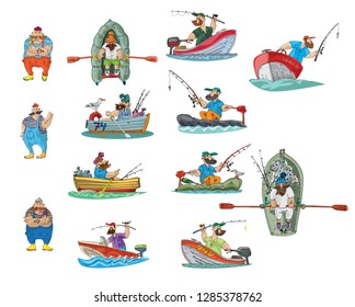 A set of fishermen, sailors, boats, and stuff like that. Cartoon. Caricature.