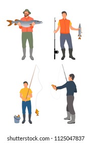 Set of fishers with catch isolated on white banner, color vector illustration of men that holding catched fishes and fishing-rods, professional hobby