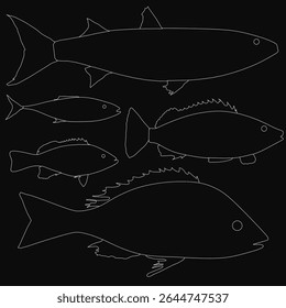 Um conjunto de peixes ilustrados em preto e branco, seus delicados contornos brilhando em branco contra um fundo preto profundo. O design minimalista cria um contraste impressionante, enfatizando as formas fluidas.