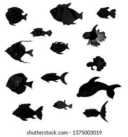 Set of fishes, isolated on white, collection of silhouettes, EPS 10. – Vector graphics