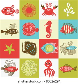 set of fishes and marine life