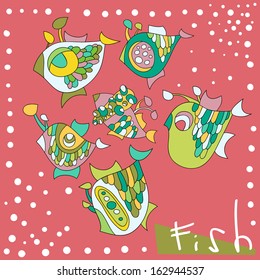 Set of fishes  in vector. Cartoon fishes in childish style. Funny fishes of floral wallpaper