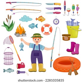 Set of fishing accessories. Boy with fishing rod holds fish in his hand. Lifebuoy, fire and reeds. Compass, knife, bucket and bait. Cartoon flat vector illustrations isolated on white background