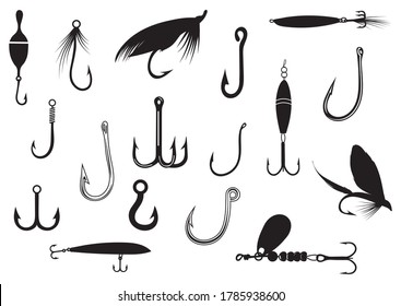 Set of fishing bait. Collection of metal  balanced fishing gear for outdoor activities. Sports hobby. Vector illustration for a fishing shop.
