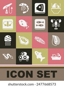 Set Barco de pesca, mejillón, langosta, cabeza, pescado tropical, sushi en tabla de cortar, arpón e icono enlatado. Vector