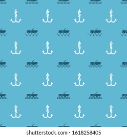 Set Fishing boat with oars on water and Fishing hook on seamless pattern. Vector