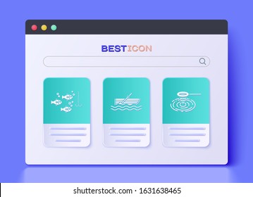 Set Fishing boat with oars on water, Fishing hook under water with fish and Fishing net in water icon. Vector