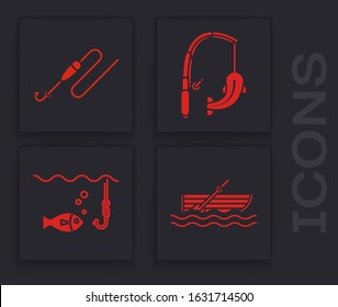 Set Fishing boat with oars on water, Fishing line with hook and float, Fishing rod and fish and Fishing hook under water with fish icon. Vector
