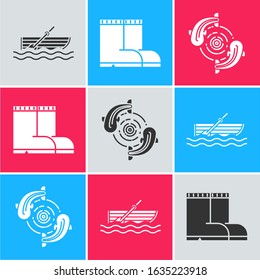 Set Fishing boat with oars on water, Fishing boots and Fish icon. Vector