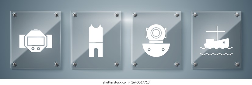 Set Fishing boat on water, Aqualung, Wetsuit for scuba diving and Diving watch. Square glass panels. Vector