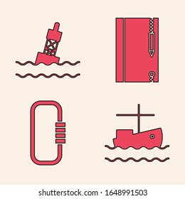 Set Fishing boat on water, Floating buoy on the sea, Underwater note book and pencil and Carabiner icon. Vector