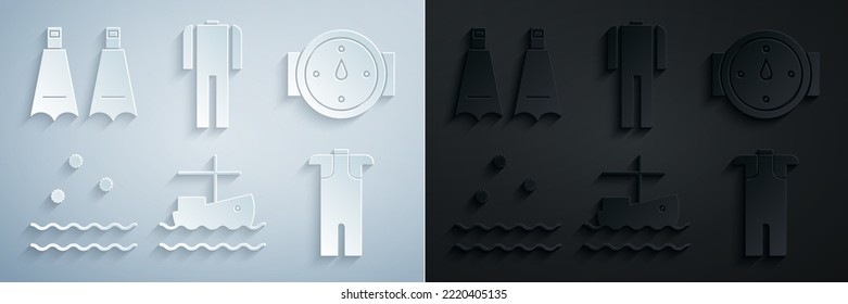 Set Fishing boat on water, Wind rose, Cold and waves, Wetsuit for scuba diving,  and Rubber flippers swimming icon. Vector