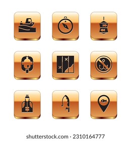 Set Fishing boat on water, Fisherman, rod, Folded map, Inflatable, net with fish, Location fishing and Compass icon. Vector