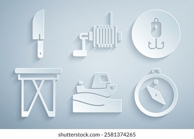 Set Fishing boat on water, hook, Folding chair, Compass, Spinning reel for fishing and Knife icon. Vector