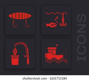 Set Fishing boat with fishing rod on water, Fishing lure, Fishing hook under water with fish icon. Vector