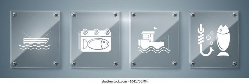Set Fishing boat with rod on water, Calendar with a fish and Fishing boat with fishing rod on water. Square glass panels. Vector