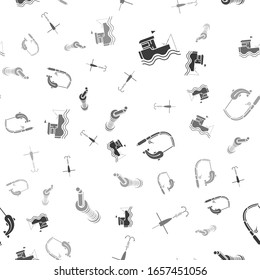 Set Fishing boat with rod on water, Fishing hook and float, fish and Spinning reel for fishing on seamless pattern. Vector