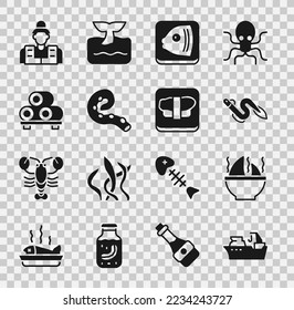 Set Fishing boat, Shark fin soup, Eel fish, head, Octopus of tentacle, Sushi on cutting board, Fisherman and  icon. Vector