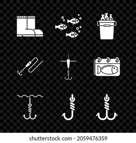 Set Fishing boots, bucket with fishes, hook under water, line and float and  icon. Vector