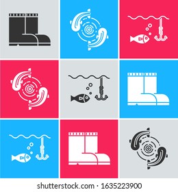 Set Fishing boots, Fish and Fishing hook under water with fish icon. Vector
