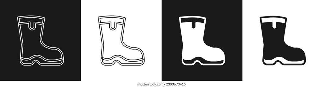 Set Fishing boots icon isolated on black and white background. Waterproof rubber boot. Gumboots for rainy weather, fishing, hunter, gardening.  Vector