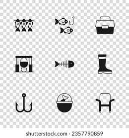 Set Fishing bucket with fish, boots, Camping folding chair, skeleton, Case or box for fishing, Dried, hook and Campfire and pot icon. Vector