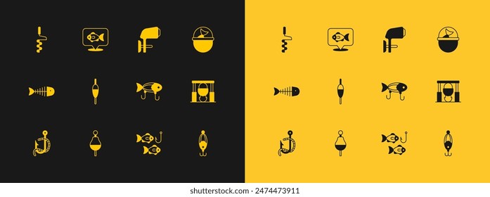 Set Fishing bucket with fish, float, lure, hook, Outboard boat motor, Hand ice drill and Location fishing icon. Vector