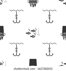 Set Fishing bucket with fishes, Fishing hook under water with fish and Fishing hook under water on seamless pattern. Vector