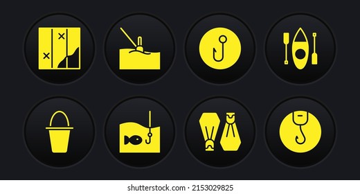Set Fishing bucket, Kayak or canoe, hook with fish, Rubber flippers for swimming, float water,  and Folded map icon. Vector