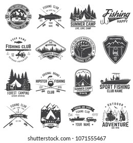 Set of fishing and camping club badge. Vector illustration. Concept for shirt, print, stamp or tee. Vintage typography design with mountain camp and fisher silhouette. Extreme adventure. Summer camp.