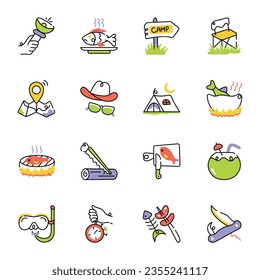 Set of Fishing and Camping Doodle Icons 

