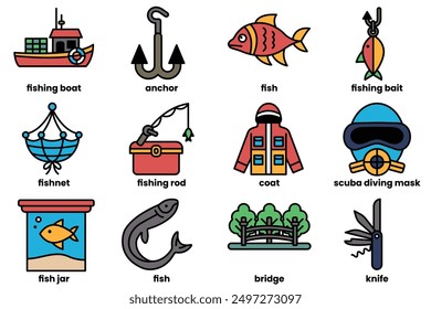 A Set of fishing and camping icons in line style