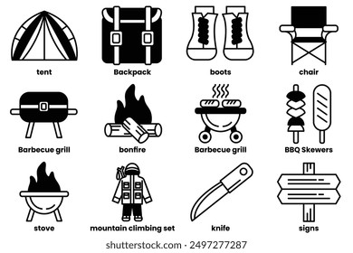 A Set of fishing and camping icons in line style