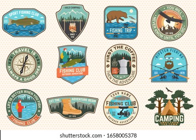 Set of fishing, camping patch. Vector. Concept for shirt or logo, print, stamp, tee, patch. Vintage typography design with fish rod, fisher, river, rainbow trout, bear and mountain silhouette.