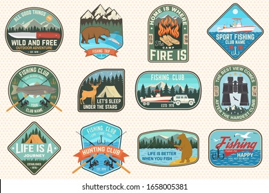 Set of fishing, camping patch. Vector. Concept for shirt or logo, print, stamp, tee, patch. Vintage typography design with fish rod, fisher, river, rainbow trout, bear and mountain silhouette.