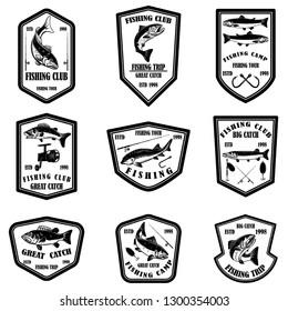 Set of fishing club emblems. Design element for logo, label, emblem, sign. Vector illustration