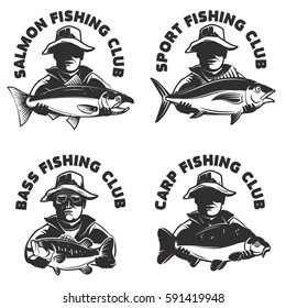 Set of fishing club labels templates. Fisherman silhouette with fish. Design elements for logo, emblem, sign, brand mark. Vector illustration.