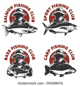 Set of fishing club labels templates. Fisherman silhouette with fish. Design elements for logo, emblem, sign, brand mark. Vector illustration.