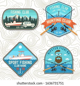 Set of fishing club patch. Live, love, fish. Vector illustration. Concept for shirt or logo, print, stamp, tee, patch. Vintage typography design with fish rod, rainbow trout and hook silhouette.