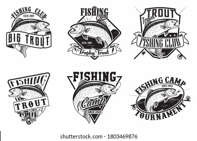 Set of Fishing club vintage emblems designs, emblems of the trout fishermen, grange print stamps, fisher typography emblems, Vector