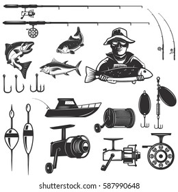 Set of fishing design elements isolated on white background. Images for logo, label, emblem. Vector illustration.