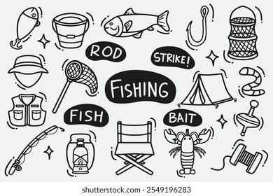 set of fishing doodles good for background, wallpaper, element design, icons, etc