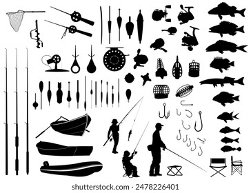 Set of  fishing elements, fishermen, boats, fish, tackle silhouettes. Vector illustration.	
