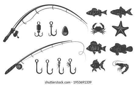 Set of fishing elements isolated on white background. Fishing Silhouettes vector illustration. Perfectly for fishing shops logo.