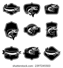 Set of fishing emblems with pike fish Design element for emblem, sign, badge. Vector illustration